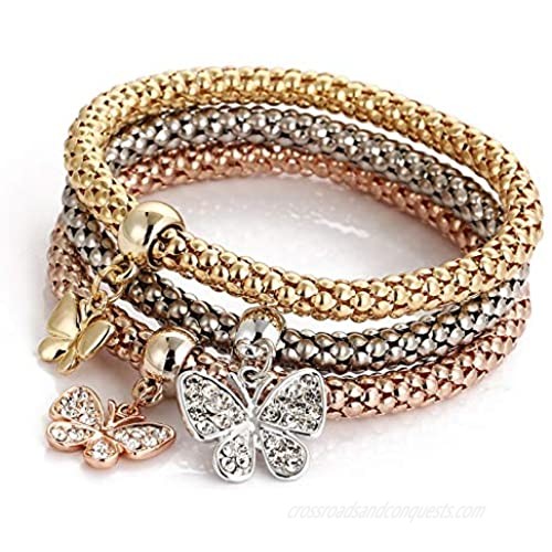 RINHOO 3PCS/Set Corn Chain Bracelet Crystal Gold/Silver/Rose Gold Multilayer Butterfly Heart Crown Charms Stretch Bracelet for Women Girls Jewely