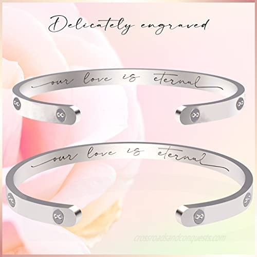 Silver Stone Jewelry Couples Bracelets - Promise Forever Relationship Bracelets for Couples Our Love is Eternal Set of 2 Inspirational Long Distance Stainless Steel Bracelets & Cuffs