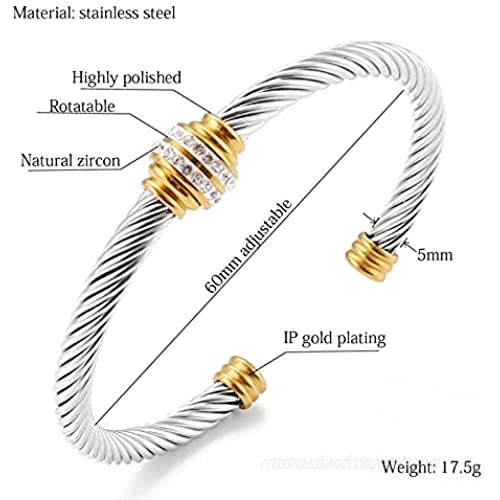 Tiyad Cable Bracelet Stainless Steel Vintage Twisted Wire Composite Open Bangle Bracelet Adjustable Cuff Bangle Bracelet for Women & Men Girls Teens Silver
