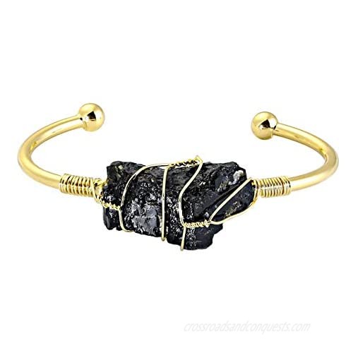 Top Plaza Womens Golden Cuff Bangle Natural Healing Crystal Wrapped Gemstone Cuff Bracelet