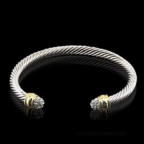 Two Tone Cable Bangle Antique Cuff Bracelet with Zircon Inlaid Ends