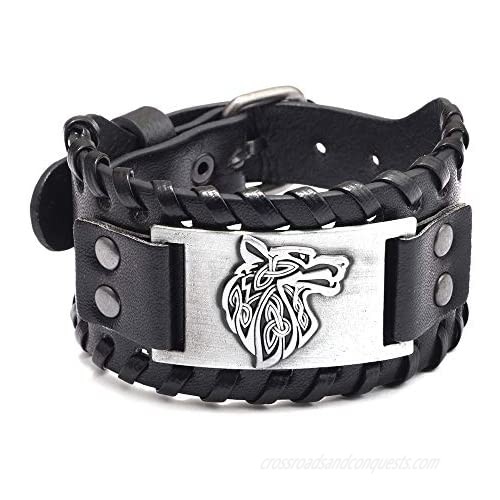 Viking Bracelet Wolf Head Vintage Nordic Rune Vintage Gothic Bracelet for Celtic Pagan Jewelry Braided Leather Bracelet