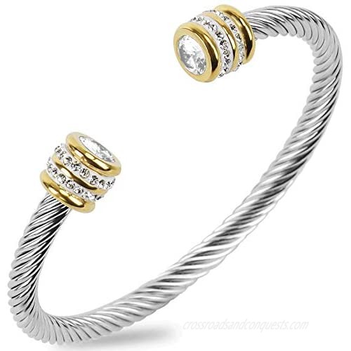 Winhime Birthstone Cable Bangle Bracelets for Women  Stainless Steel Twisted Cable Wire Bracelet for Teen Girls Designer Inspired Cuff Bracelet in Two Tone Silver Gold