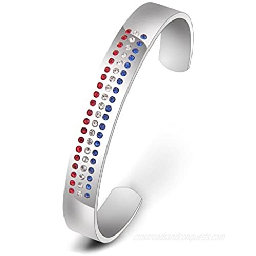 WUSUANED Stainless Steel USA Red White and Blue Rhinestones Cuff Bangle Bracelet Gift for Women Men