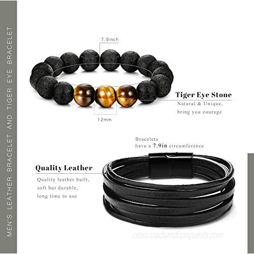 YADOCA 2 Pcs Bracelets for Men Women Bead Bracelets Black Leather Bracelet Tiger Eye Lava Rock Essential Oil Diffuser Bracelet Mens Bracelets Set