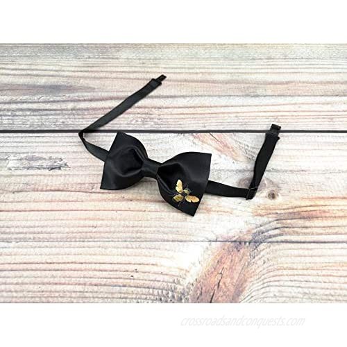 Men's Solid Black Animal Pattern Pre-Tied Silk Satin Bow Tie Handmade Adjustable Bowtie