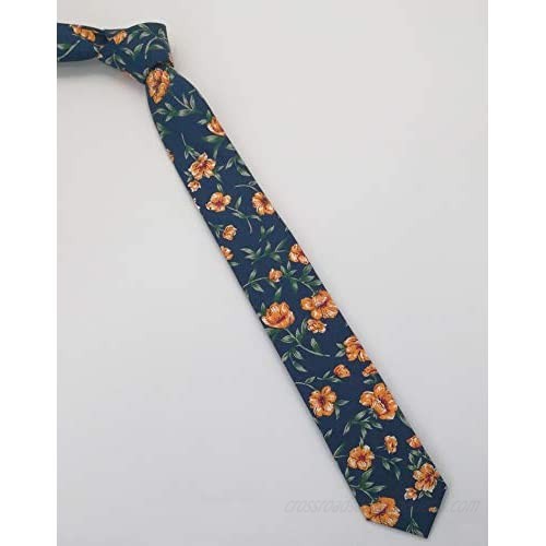 Men's Skinny Tie Floral Print Cotton Necktie and Tie Bar Clip Sets Great for Weddings Groom Groomsmen Dances Gifts