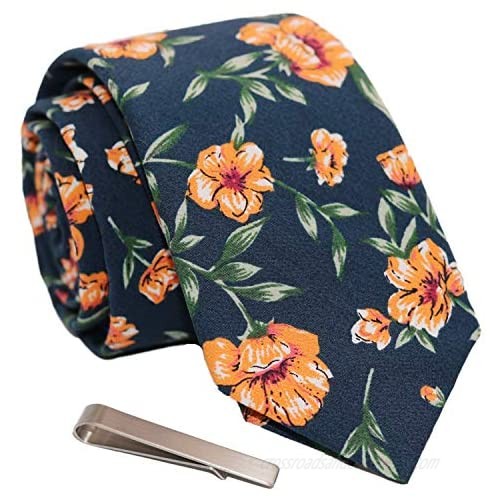 Men's Skinny Tie Floral Print Cotton Necktie and Tie Bar Clip Sets  Great for Weddings  Groom  Groomsmen  Dances  Gifts