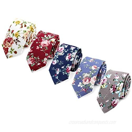 Men's Ties  Cotton Floral Print Slim Skinny Ties for Groom  Groomsmen Neckties Wedding Costume Accessories (5 Pack)