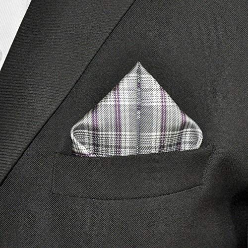 SHLAX&WING Checkered Grey Purple Handkerchief Mens Pocket Square Large Size Silk