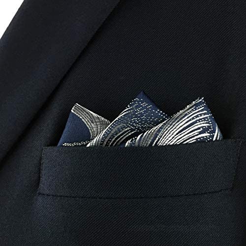 SHLAX&WING Dark Blue Navy Silver Pocket Squares for Men Silk Hanky Geometric