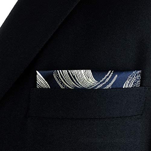 SHLAX&WING Dark Blue Navy Silver Pocket Squares for Men Silk Hanky Geometric