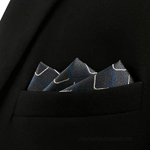 SHLAX&WING Geometric Mens Silk Pocket Square Dark Gray Blue for Suit Jacket Gift