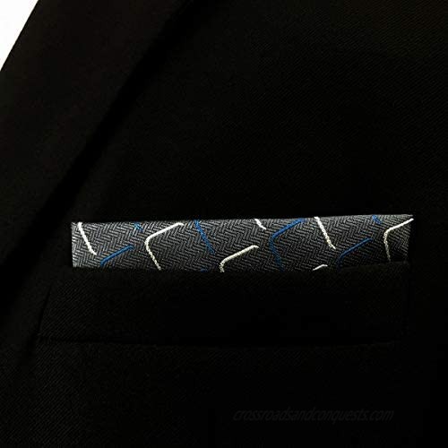 SHLAX&WING Geometric Mens Silk Pocket Square Dark Gray Blue for Suit Jacket Gift