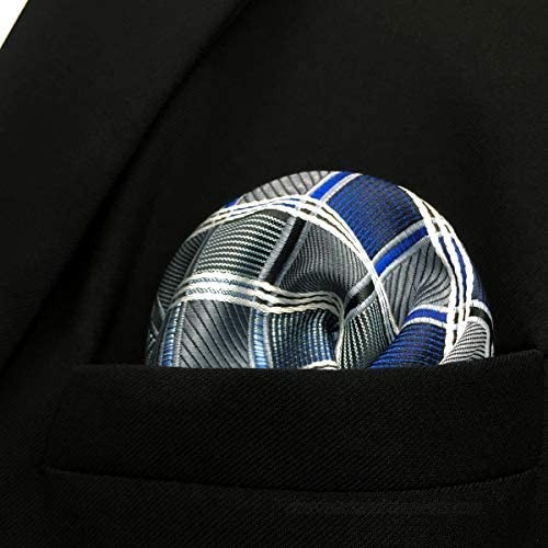 Shlax & Wing Mens Silk Pocket Square Checkered Blue Grey Hanky 12.6 inches