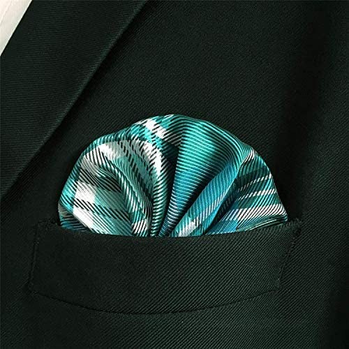 SHLAX&WING Turquoise Tartan Checkered Mens Pocket Square Silk Hanky 12.6 inches