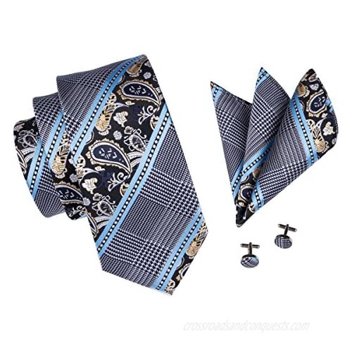 Barry.Wang Mens Plaid Check Silk Necktie Formal Business Wedding Luxury Ties and Pocket Square Cufflinks Set