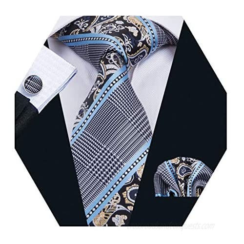 Barry.Wang Mens Plaid Check Silk Necktie Formal Business Wedding Luxury Ties and Pocket Square Cufflinks Set