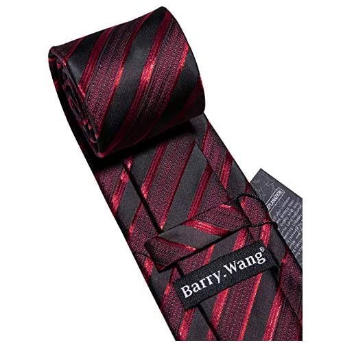 Barry.Wang Stripe Men Ties Set Classic WOVEN Necktie with Handkerchief Cufflinks Formal