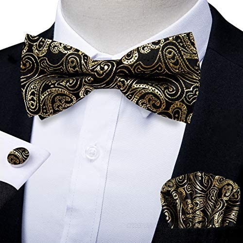 DiBanGu Designer Bowtie and Handkerchief Cufflink Set Paisley Plaid Pre-Tied Bow Ties Formal