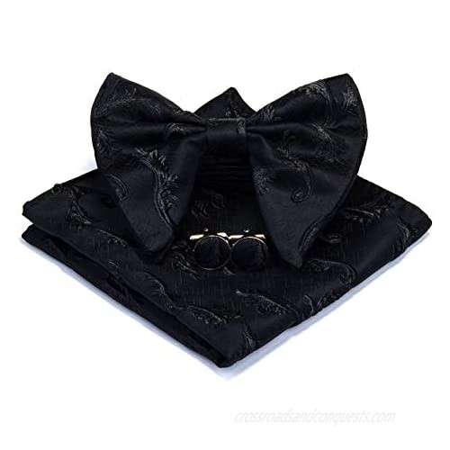 GUSLESON Fashion Floral Adjustable Pre-tied Big Bow Tie and Pocket Square Cufflink Set with Box