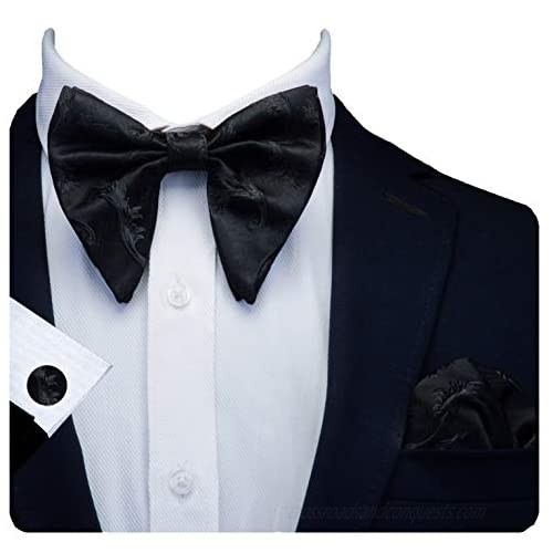 GUSLESON Fashion Floral Adjustable Pre-tied Big Bow Tie and Pocket Square Cufflink Set with Box