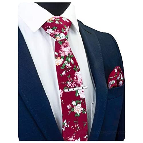 GUSLESON Fashion New 2.4（6cm）Cotton Floral Printed Necktie Tie Clip and Pocket Square Sets + Gift Box