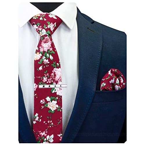 GUSLESON Fashion New 2.4（6cm）Cotton Floral Printed Necktie Tie Clip and Pocket Square Sets + Gift Box