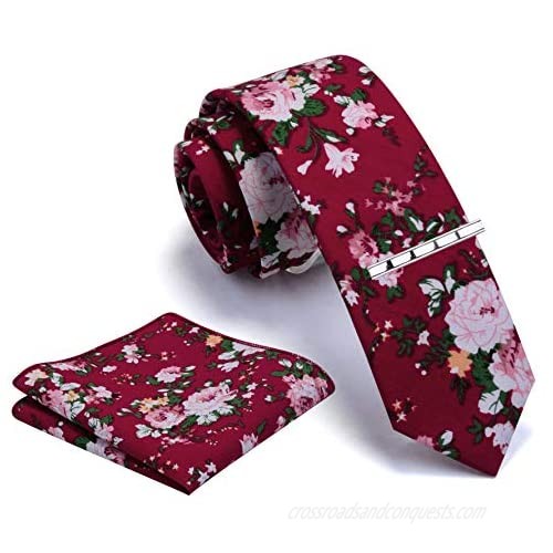 GUSLESON Fashion New 2.4"（6cm）Cotton Floral Printed Necktie Tie Clip and Pocket Square Sets + Gift Box