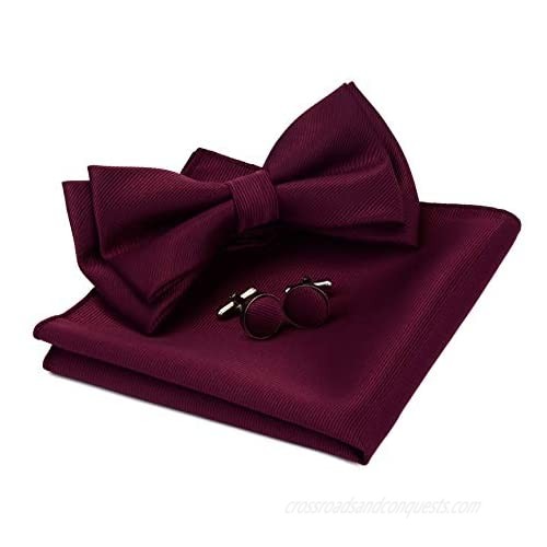 GUSLESON Mens Solid Color Two Layer Pre-tied Bow Tie and Pocket Square Cufflink Set with Gift Box