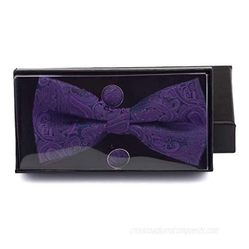 GUSLESON Paisley Adjustable Pre-tied Bow Tie and Pocket Square Cufflink Set with Gift Box