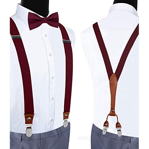 GUSLESON Suspenders & Bowtie Set Men's Elastic Band Suspenders + Bowtie + Shirts Holder for Wedding Formal Events