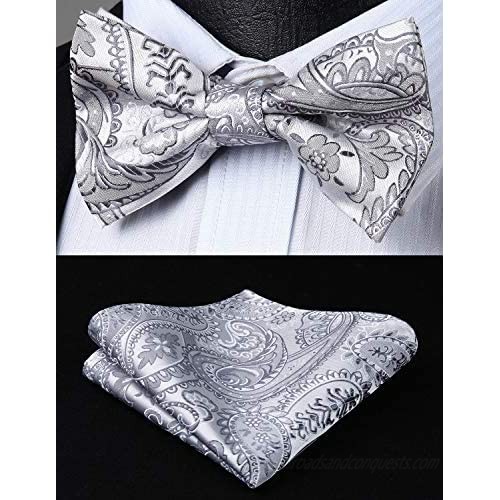 HISDERN Floral 6 Clips Suspenders & Pre Tie Bow Tie and Pocket Square Set Y Shape Adjustable Braces