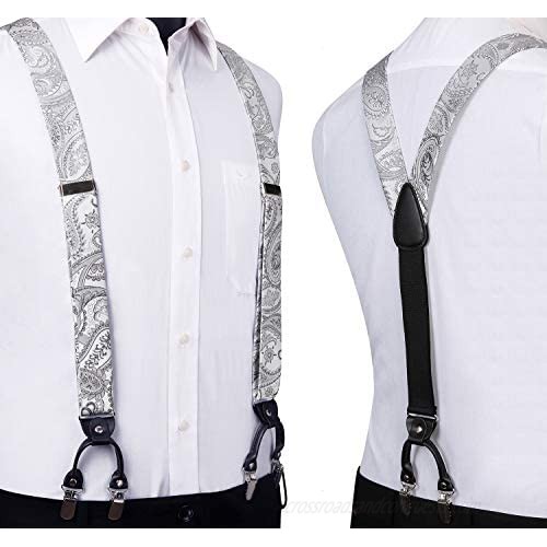 HISDERN Floral 6 Clips Suspenders & Pre Tie Bow Tie and Pocket Square Set Y Shape Adjustable Braces