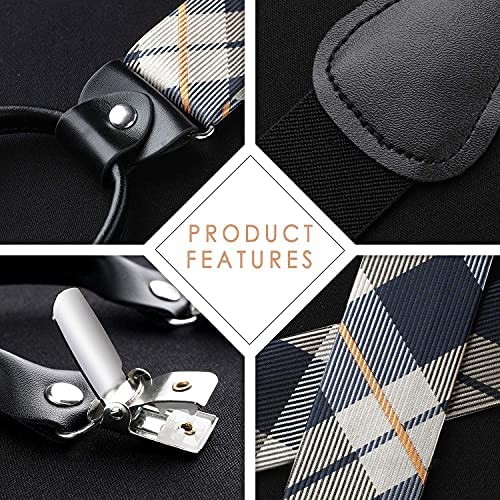 HISDERN Mens Check Stripe Suspenders and Bowtie Set Y Back 6 Clips Adjustable Braces with Pocket Square For Wedding Party