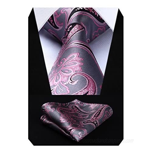 HISDERN Paisley Tie for Men Extra Long Ties Woven Classic Handkerchief Men's Necktie & Pocket Square Set