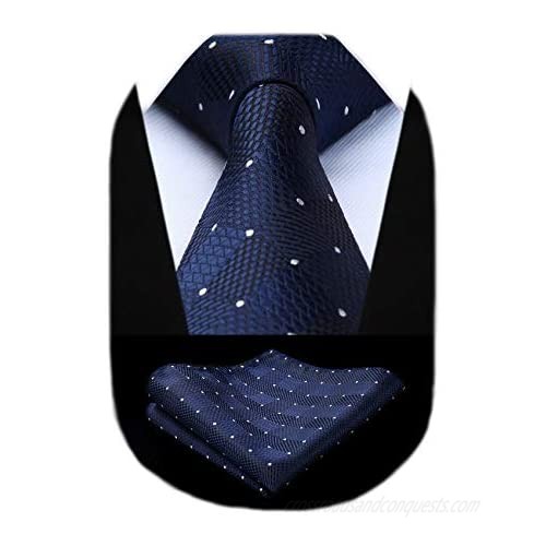 HISDERN Plaid Polka Dots Tie Handkerchief Woven Classic Check Men's Necktie & Pocket Square Set