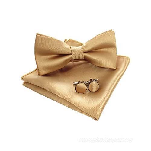 JEMYGINS Mens Solid Color Pre-tied Bow Tie and Pocket Square Cufflink Set