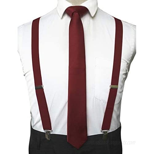 JEMYGINS Solid Color Suspender and 100% Silk Skinny Tie Sets for Men