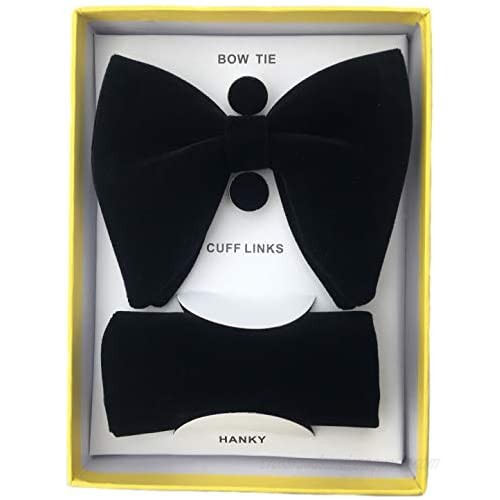 Mens Pre-Tied Bow Tie Tuxedo Oversized Velvet Bowtie Cufflinks Hankie Combo Sets