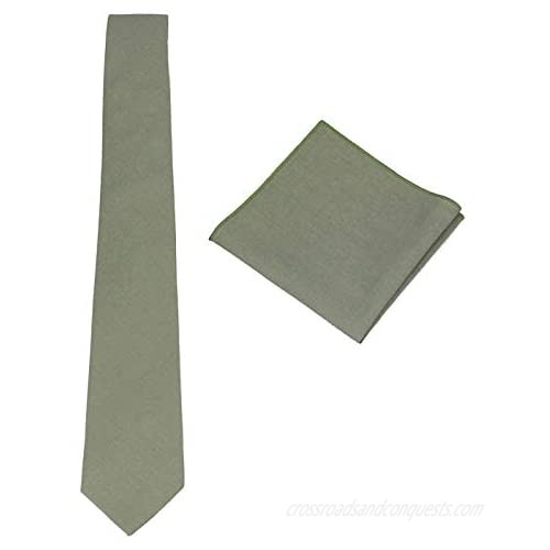 Mens Solid Linen Tie Set : Slim Necktie with Matching Pocket Square