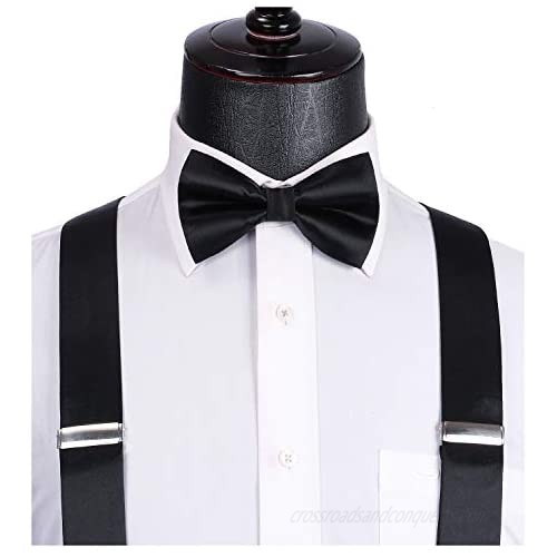 Mens Solid Suspenders Strong 6 Clips Satin Y-Back 1.4 Inch Adjustable Trouser Braces Bow Tie Set for wedding Party Work