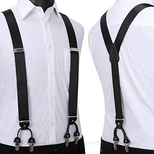 Mens Solid Suspenders Strong 6 Clips Satin Y-Back 1.4 Inch Adjustable Trouser Braces Bow Tie Set for wedding Party Work