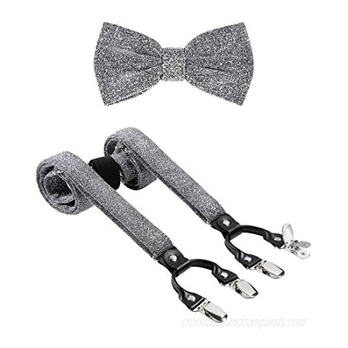 TIE G Men's Glitter Velvet Suspender + Bow Tie Set for Wedding  Party : Glittering Effects  Adjustable Braces  Strong 6 Clips