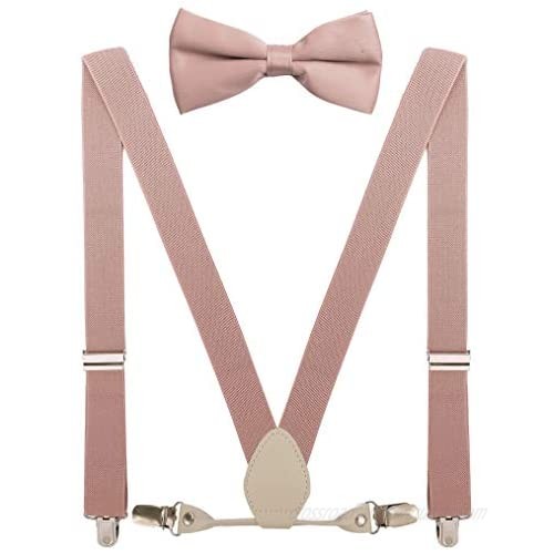 YJDS Men's Boy's Leather Suspenders and Bow Tie Set Elastic for Wedding