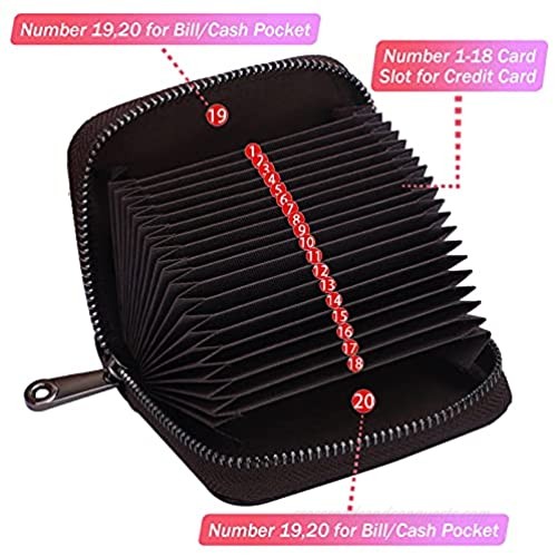 20 Card Slots Credit Card Holder RFID Blocking Genuine Leather Wallet for Women or Men Accordion Style with Zipper