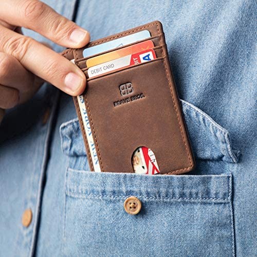 BRAVE BROS - Slim Genuine Leather RFID Blocking Minimalist Front Pocket Wallets Card Holders for Men Women (Crazy Horse Coffee)