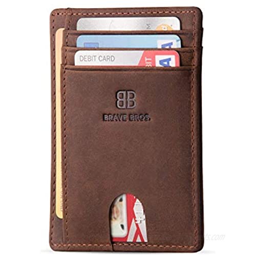 BRAVE BROS - Slim Genuine Leather RFID Blocking Minimalist Front Pocket Wallets Card Holders for Men Women (Crazy Horse Coffee)