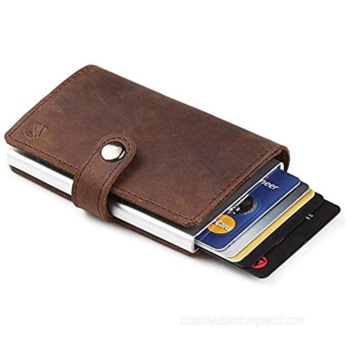 Dlife Credit Card Holder RFID Blocking Wallet Slim Wallet PU Leather Vintage Aluminum Business Card Holder Automatic Pop-up Card Case Wallet Security Travel Wallet (Dark Brown)