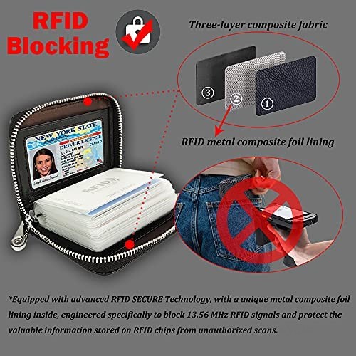 EASTVIO RFID Blocking Credit Card Holder for Women Men Genuine Leather Wallet Organizer Zipper Money Case with Keychain 20 Slots Black